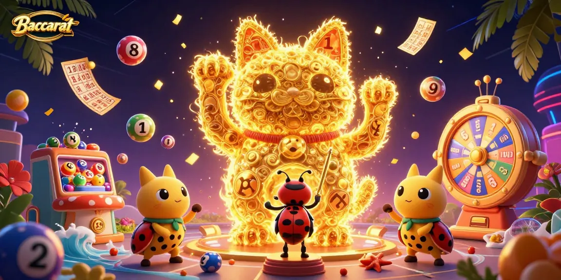 Baccarat visualizes vibrant gameplay elements with a lucky cat and fluttering tickets, enhancing casino excitement.