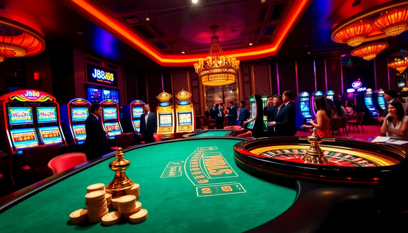 Engaging scene at J88 casino with players and poker chips in a vibrant atmosphere.