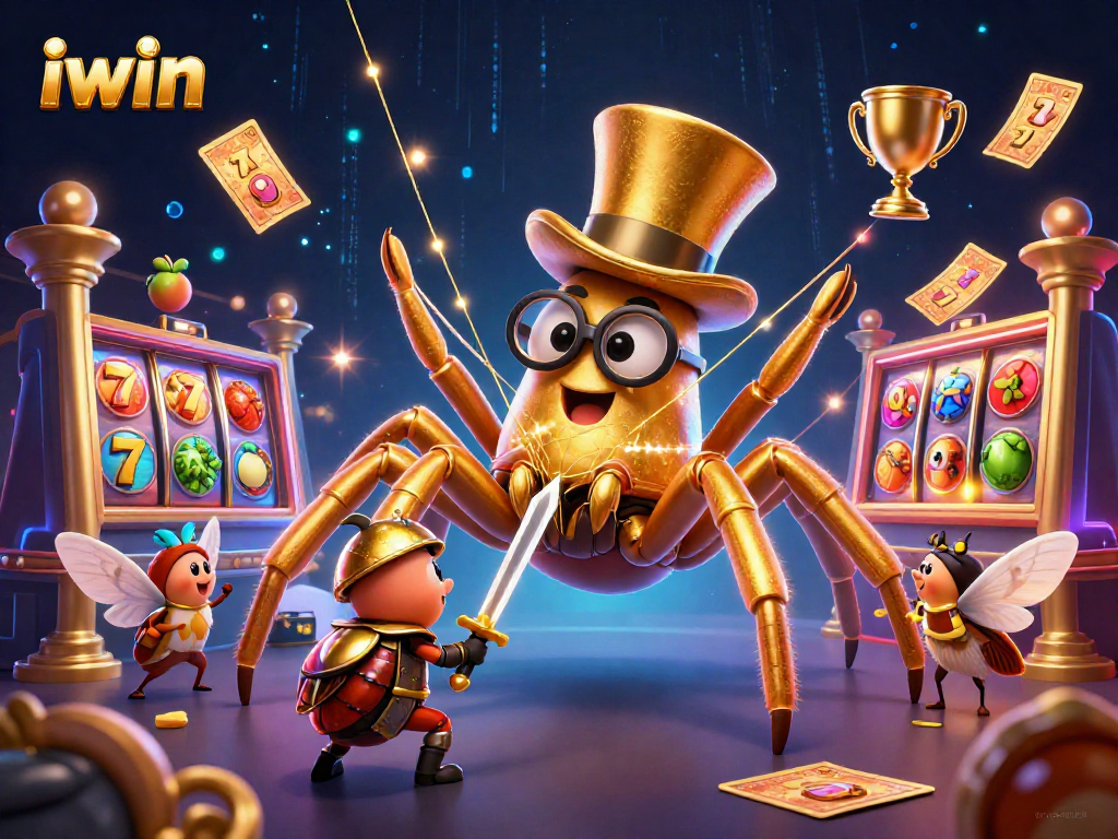 Win big at iwin with an exciting 3D scene featuring a giant tarantula and beetle knight.