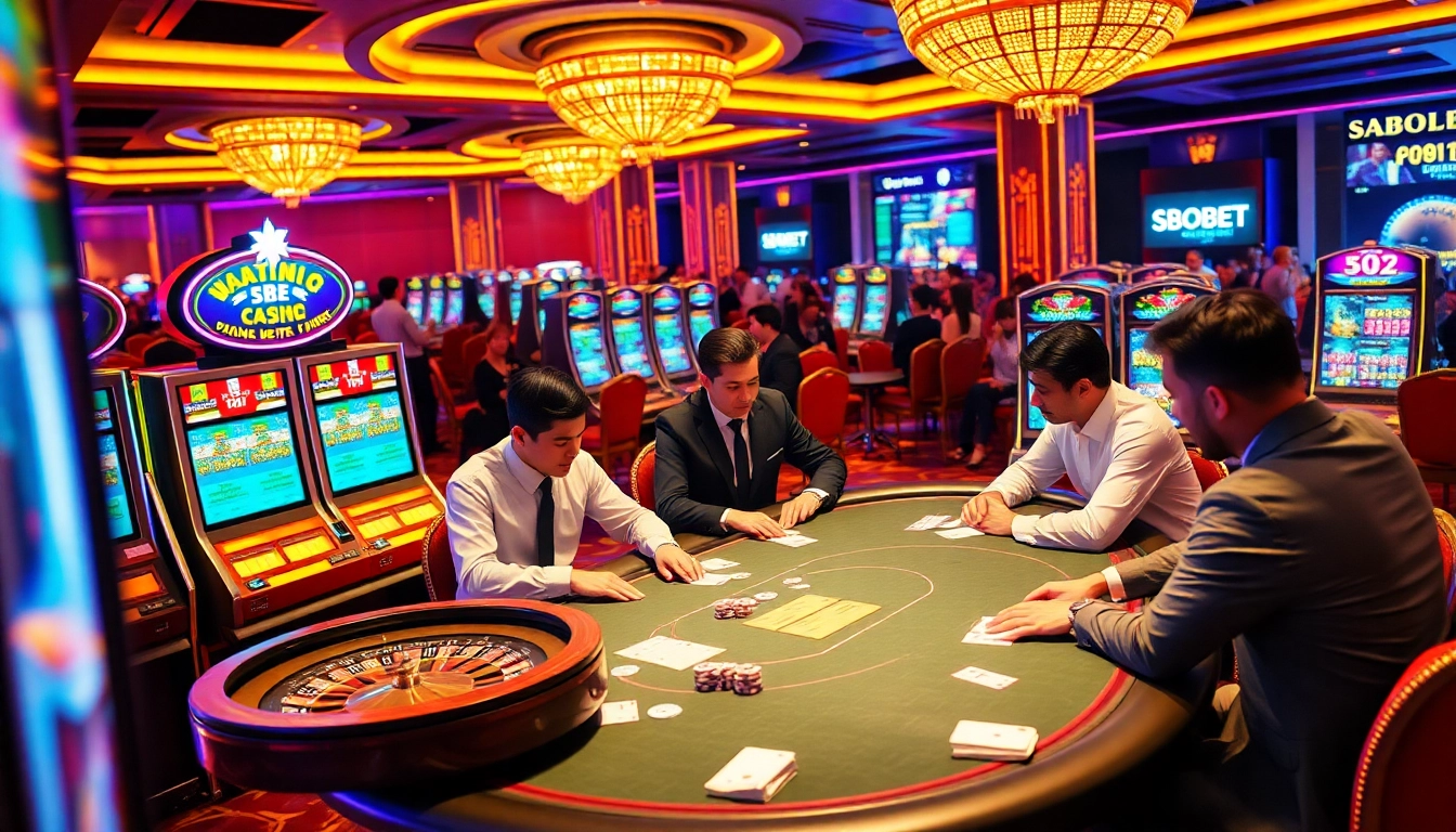SBOBET online gamblers excitedly place bets at a vibrant casino table, showcasing luxurious poker chips and slot machines.