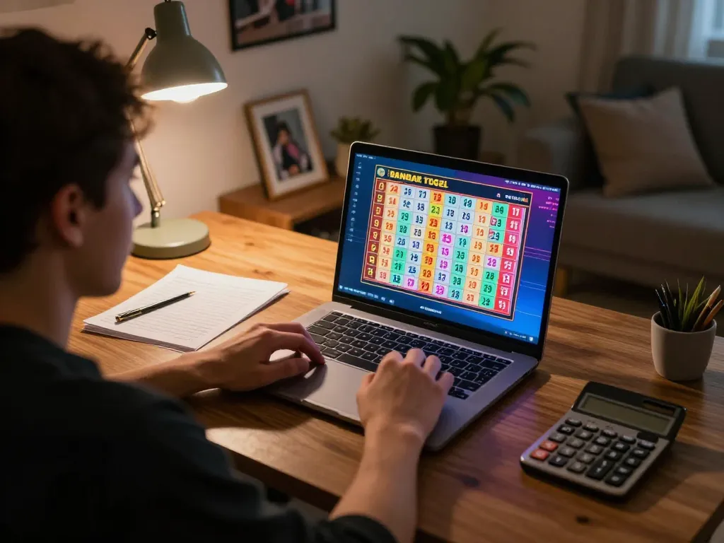 Bermain bandar togel di laptop dikelilingi catatan bermain yang ceria dan dekorasi rumah yang nyaman