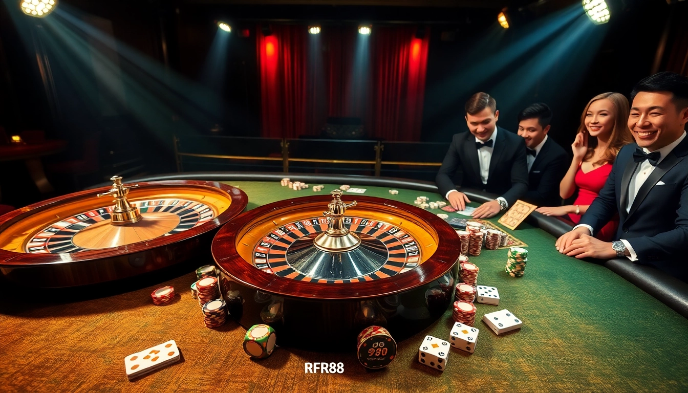 Engaging gameplay at the Trang chủ RR88 showcasing casino tables with roulette wheels and vibrant poker chips.