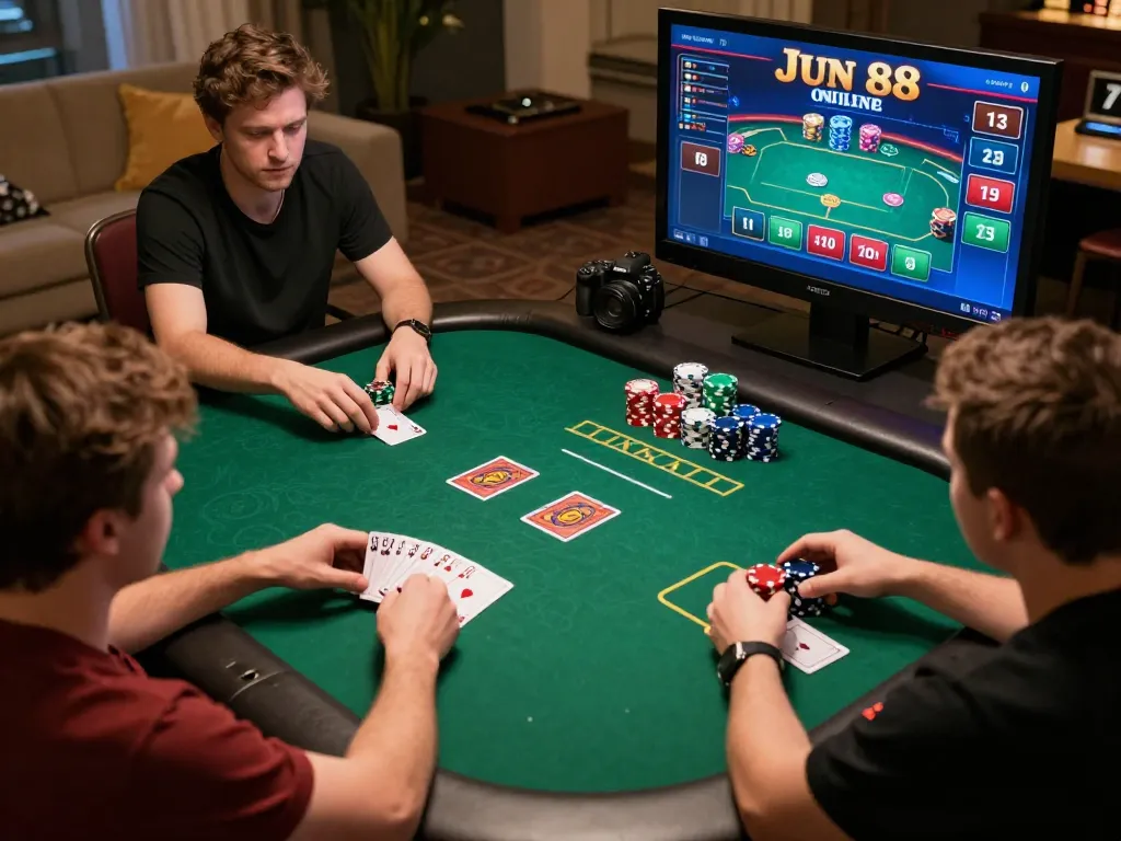 Engage in poker gameplay at jun 88's online casino, showcasing chips and cards in action.