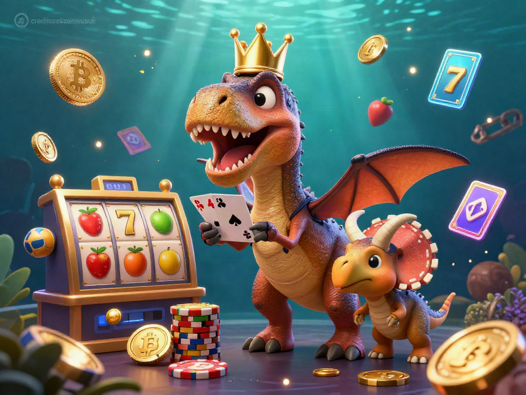 Engage with the ultimate gaming experience at creditcardcasinosuk featuring a T-Rex shuffling cards and more!
