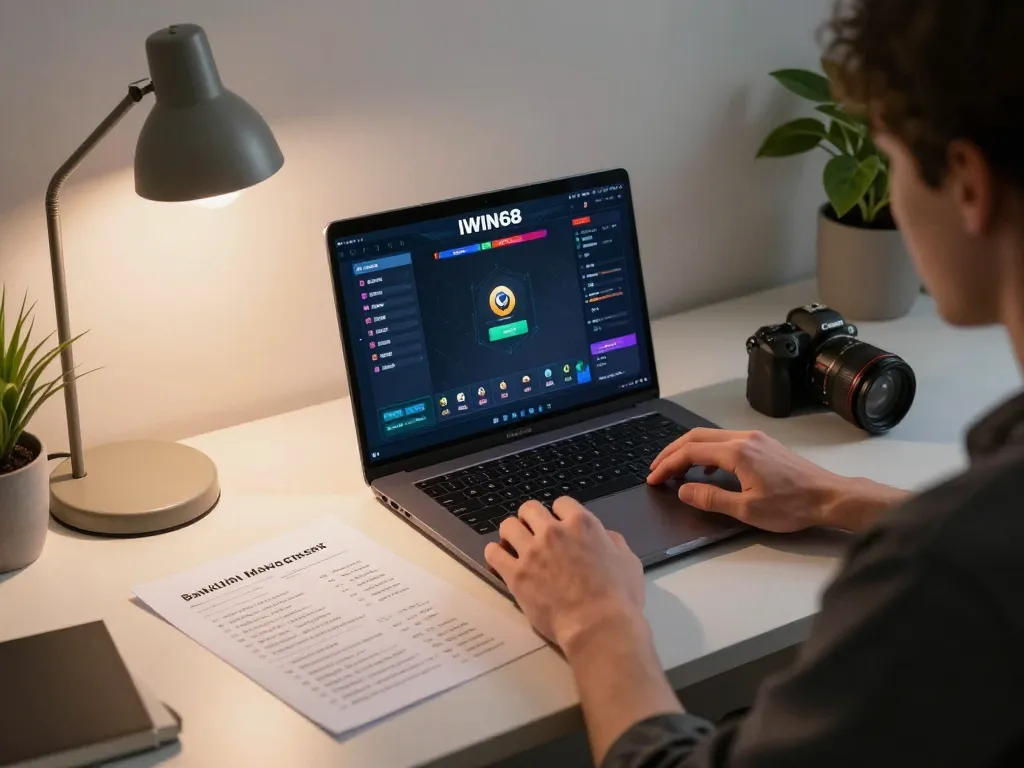 IWIN68 online player analyzing strategies on laptop at stylish home desk.