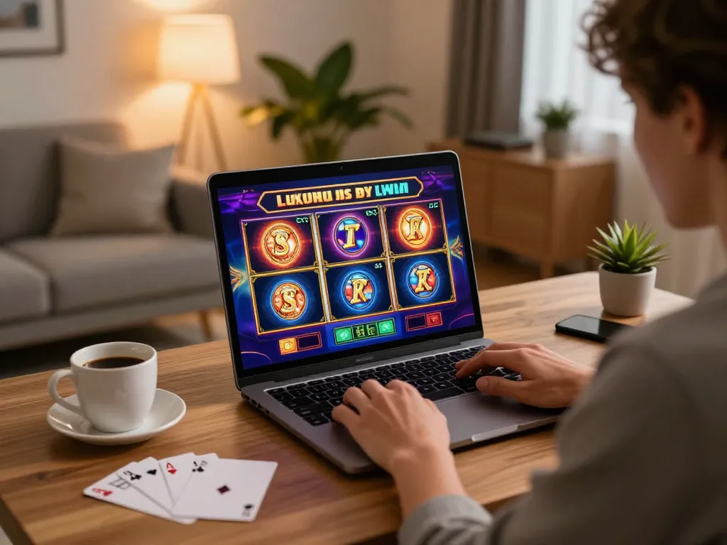 cm88 player enjoying online slots in a cozy living room setting, showcasing gaming interface and ambiance.