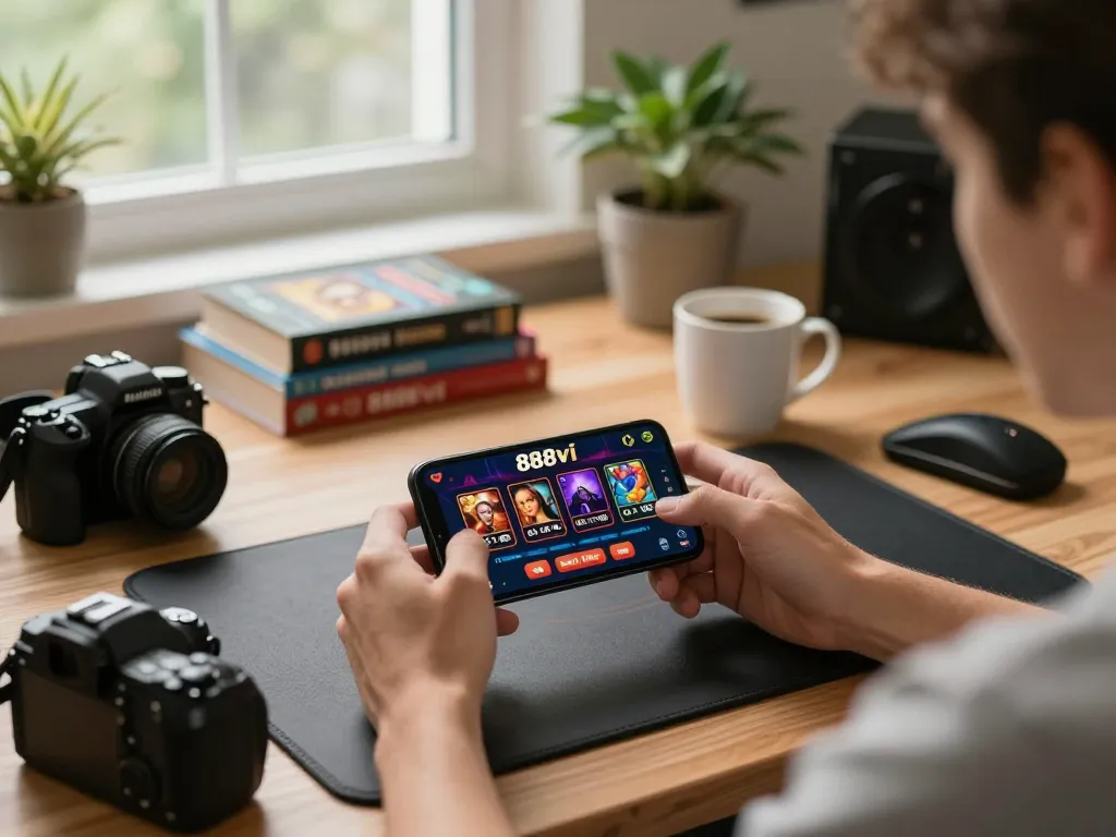 Engaging with 888vi app for exciting online casino gameplay in a cozy setup.