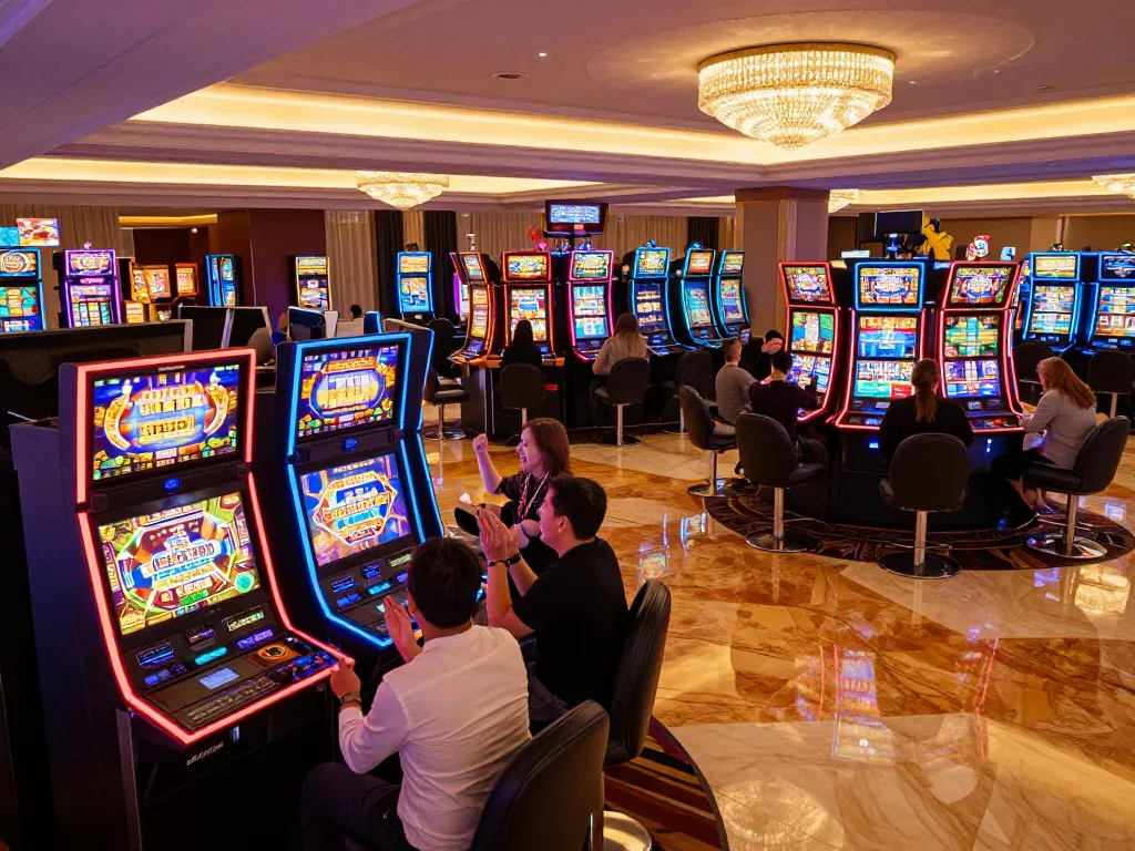 Players celebrating at colorful slot toto machines in a lively casino atmosphere.
