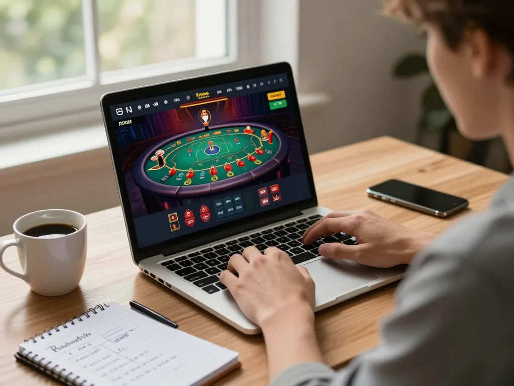Engaging moment at a Live Casino online with a player strategizing on a laptop.