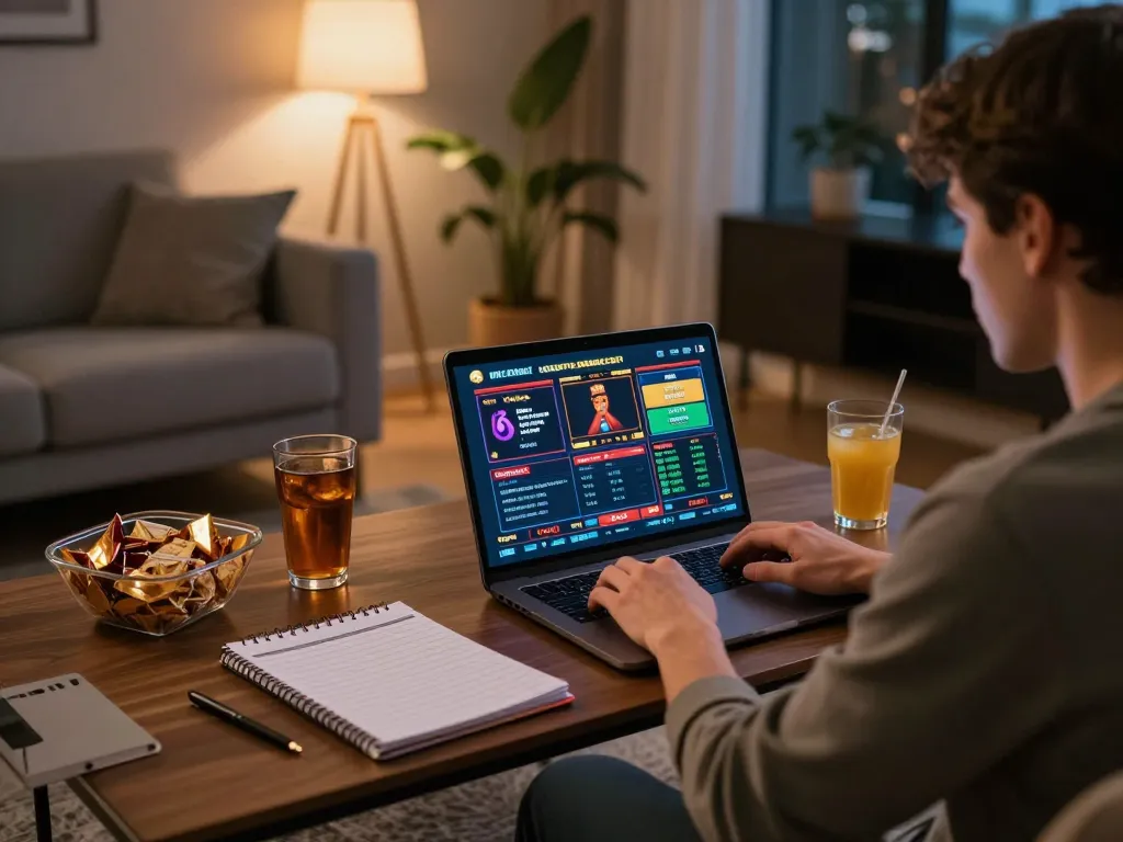 Player engaging with tg88 online casino game, analyzing betting strategies in a cozy home setting