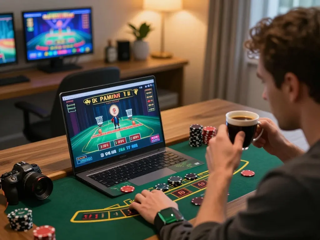 Engaged player at nhà cái kuwin utilizing laptop for live dealer blackjack game, capturing intense gaming moment.