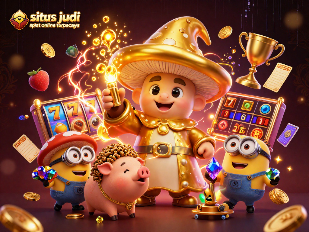 Engage with the situs judi slot online terpercaya, showcasing a magical scene filled with slot reels, treasure, and vibrant energy.