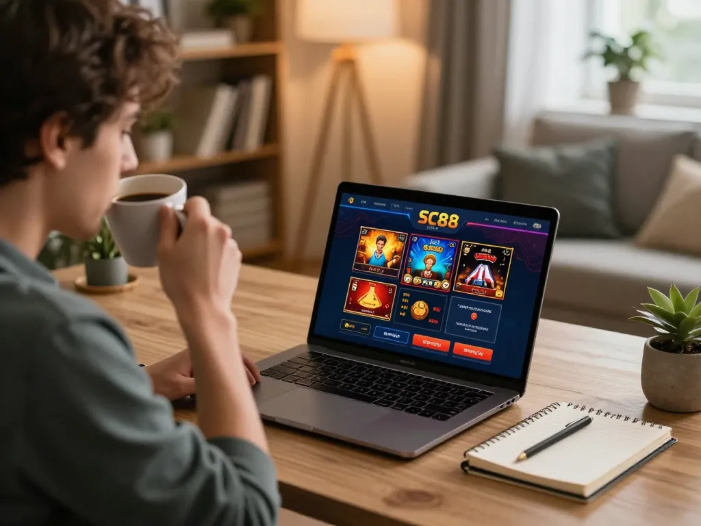 Player enjoying online gaming at sc88.charity, focusing intently on casino gameplay on a laptop with strategic notes nearby.