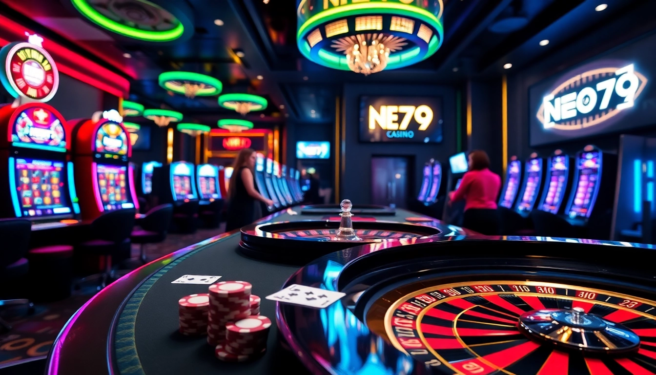 Engaging players at a NEO79 casino table, showcasing chips and cards.