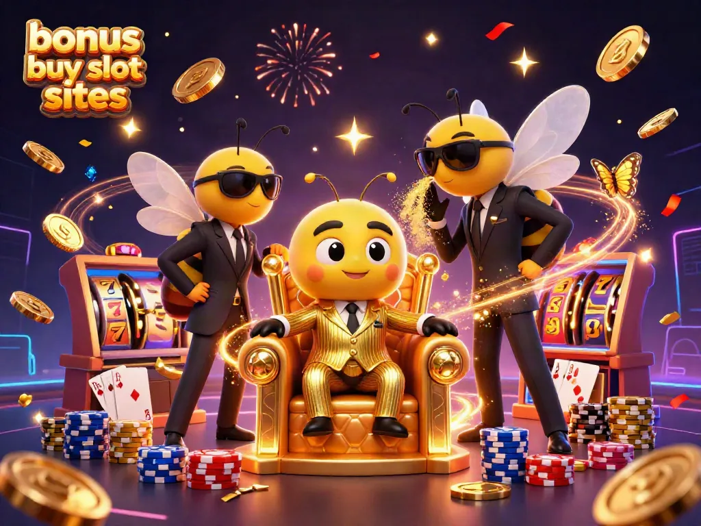 Experience the excitement of bonus buy slot sites with a cartoon bumblebee mob boss presiding over a vibrant casino scene filled with slot reels and poker chips.