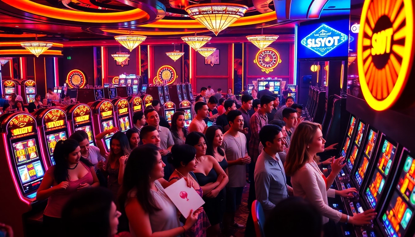Experience thrilling wins at slot777 machines surrounded by excited players in a vibrant casino atmosphere.