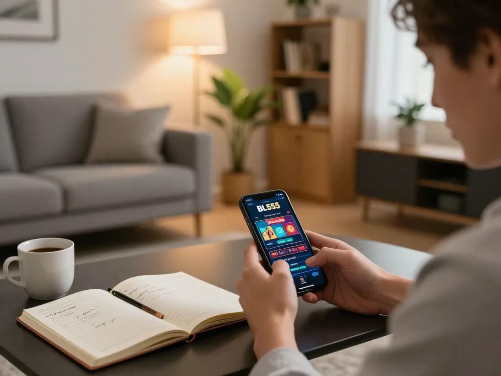 Player enjoying the BL555 online casino app while reviewing strategies in a cozy living room.