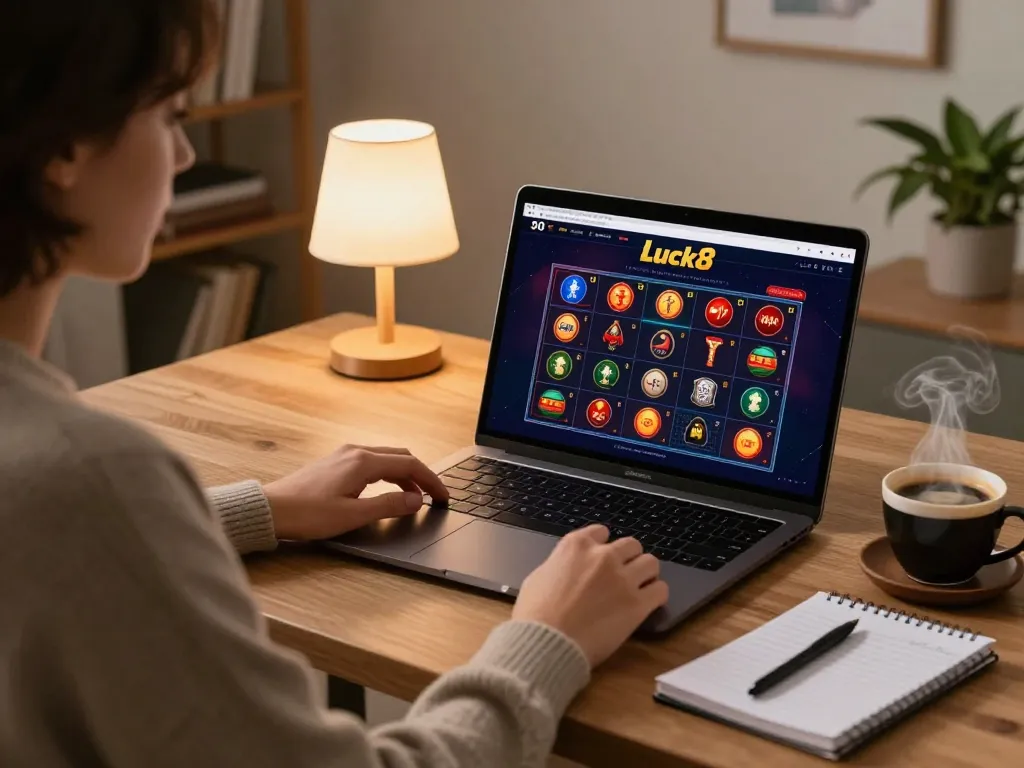Luck8 user enjoying online gambling experience in a stylish home office setting.