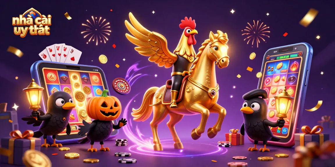 See a golden rooster in a midnight casino, symbolizing nhà cái uy tín with vibrant game elements.