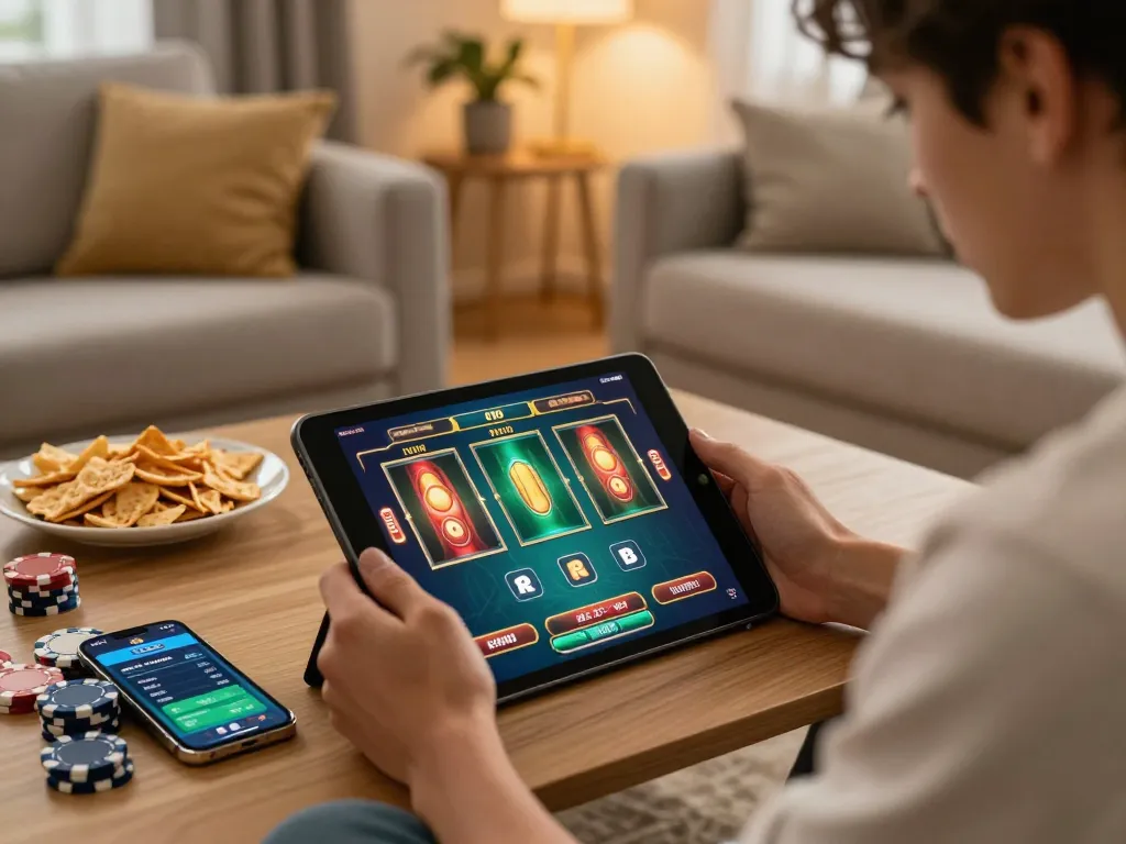 Player engaged in aman788 online slot game, surrounded by snacks and a smartphone interface.
