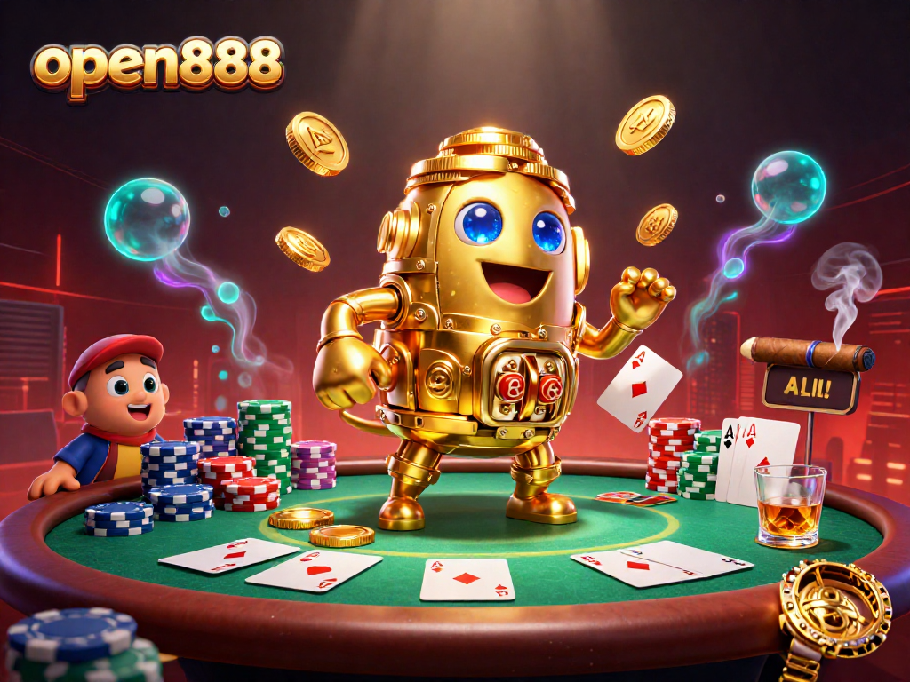Experience thrilling gaming action with open888 as golden golem and poker elements shine in a vibrant casino scene.
