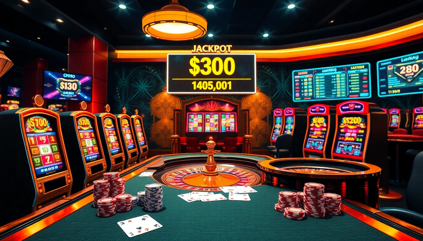 Nohudoithuong jackpot excitement at a luxurious casino table filled with colorful slot machines.