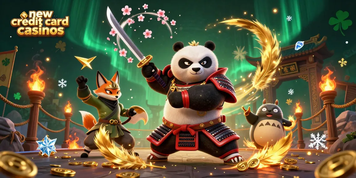Explore exciting new credit card casinos with vibrant 3D illustration featuring samurai and ninja.