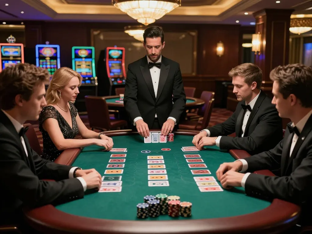 Players strategizing at a kk55 blackjack table, showcasing cards and chips in an upscale casino setting.