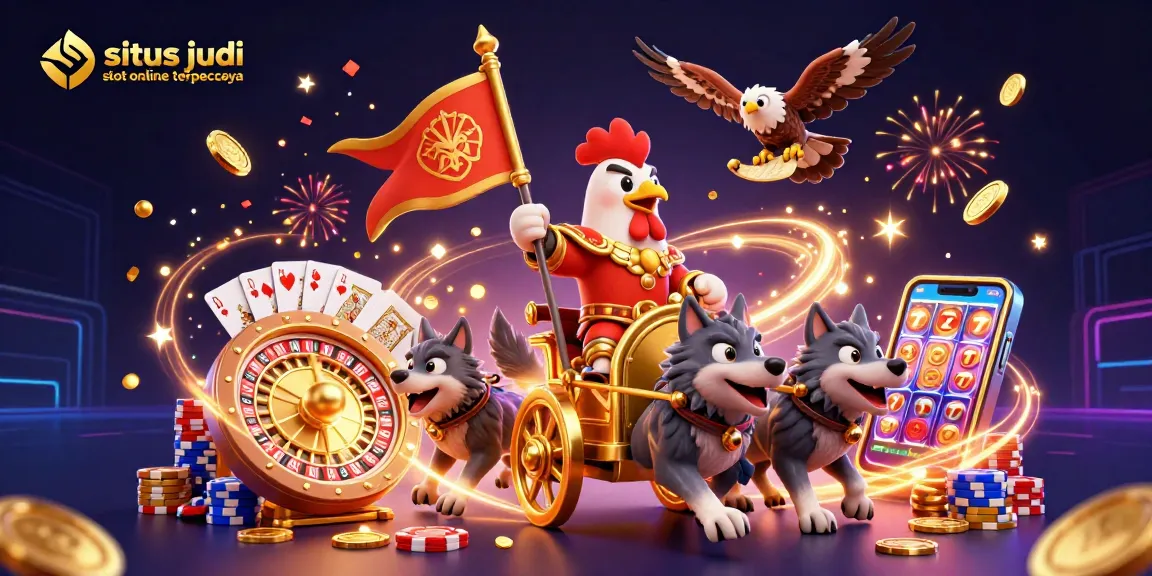 Engage with the dynamic world of situs judi slot online terpercaya featuring a rooster warlord and dazzling slot elements.