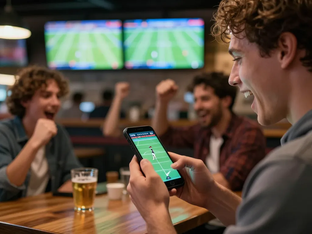Engaging in sports betting through a smartphone while watching kèo nhà cái updates live in a bustling sports bar