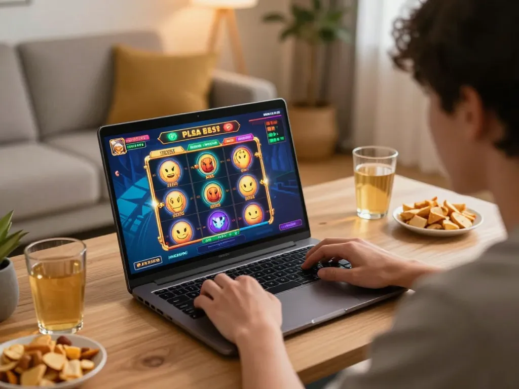 Engaging in an exciting slot pulsa game on a laptop while enjoying snacks.