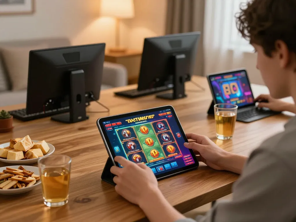 Pengguna DASI4D sedang bermain permainan slot di tablet, menampilkan slot RTP tinggi di setting rumah yang nyaman.