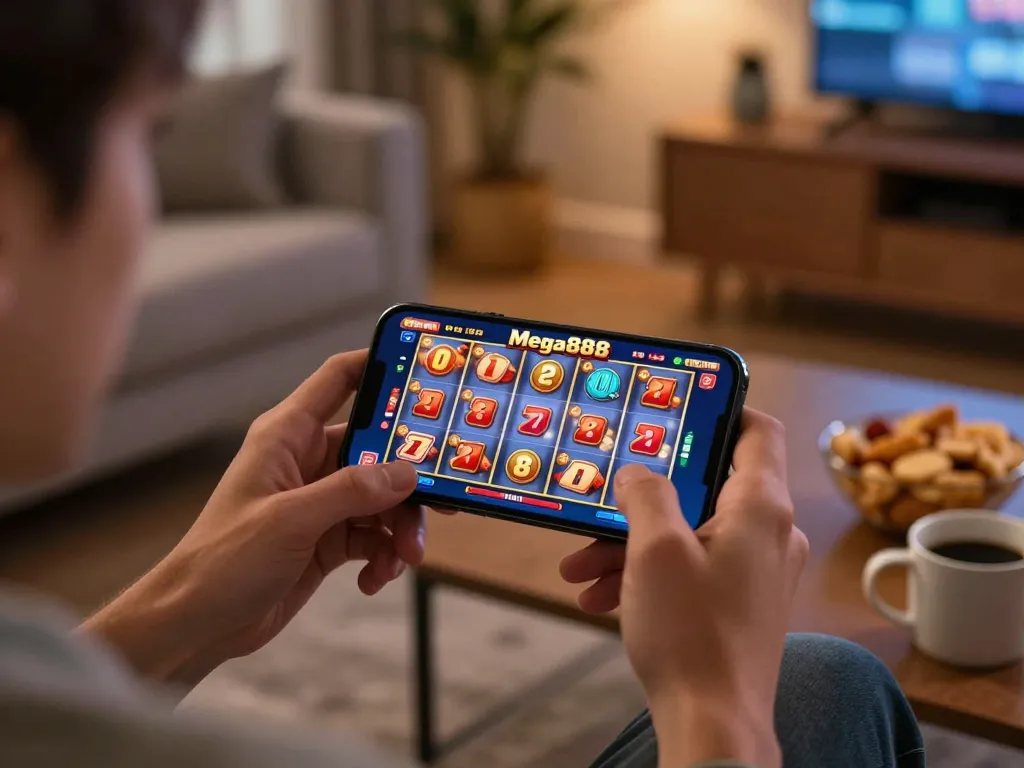Mega888 original apk gameplay on a smartphone in a cozy living room environment