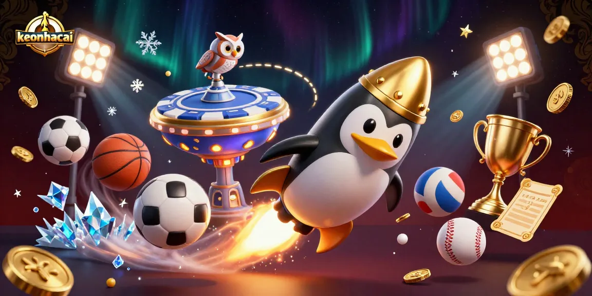 Bet on keonhacai with exciting games and sports, featuring a golden penguin in a dynamic casino scene.