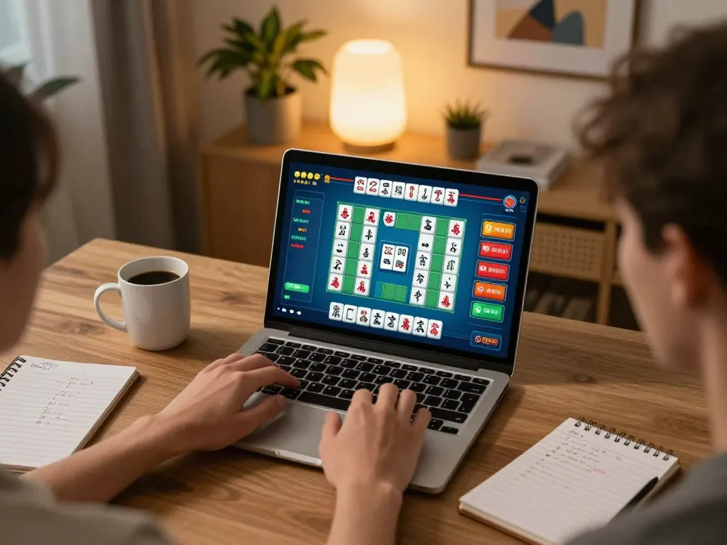 Engaging in a thrilling online slot mahjong game on a laptop at home