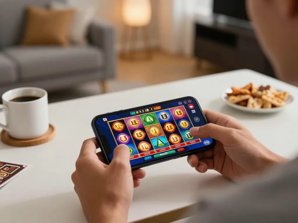 Engaged player enjoying Tr88 trang chủ on a smartphone in a cozy home setting while strategizing their bets.