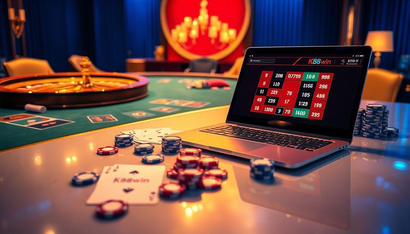 Experience the thrill of k88win with vibrant poker chips and an elegant roulette wheel in a luxurious casino setting.