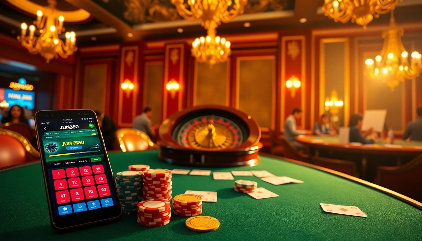 Experience high-stakes excitement at Jun888 with vibrant casino visuals featuring poker chips and a roulette wheel.
