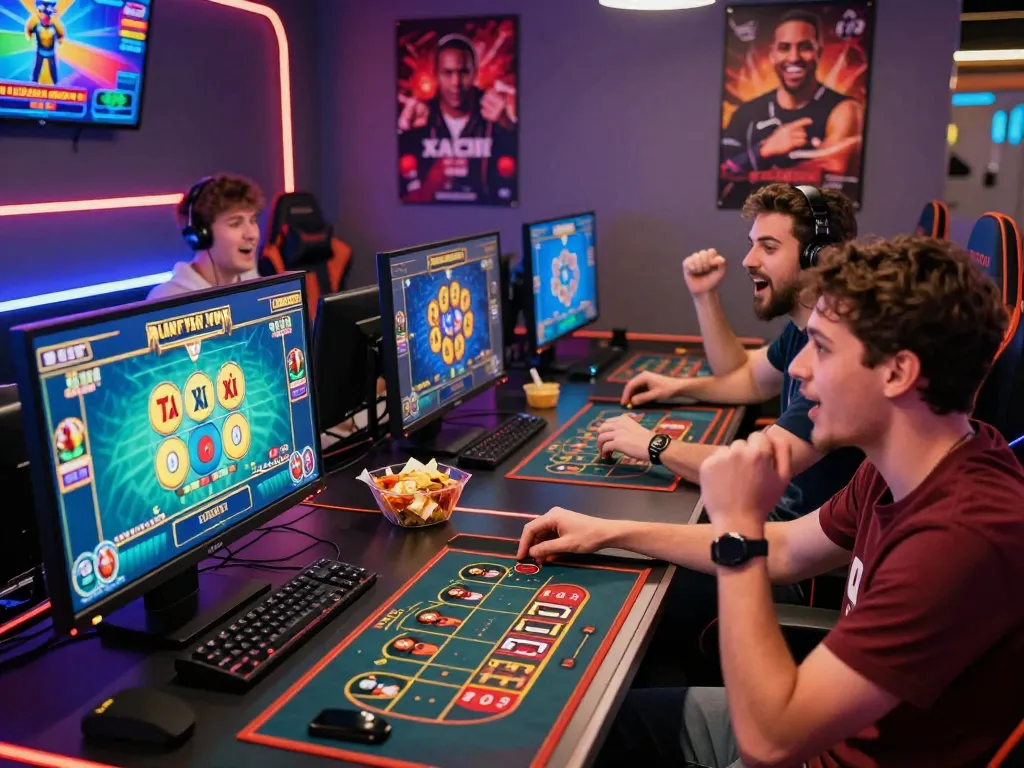 Tải tài xỉu sunwin - Group of friends enjoying online Tài Xỉu game in vibrant gaming setup with colorful displays and snacks.