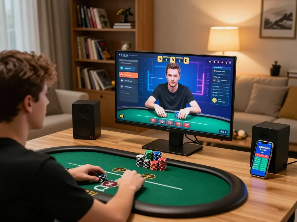 Player engaged in online poker on mk8th.net with bright screen and poker chips in cozy home setup.