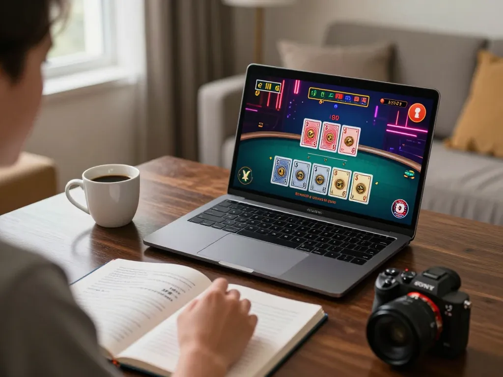 Player enjoying strategic gameplay at nhà cái kuwin in a cozy home setting with a live dealer online.