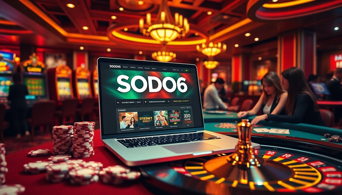 SODO66 online gambling excitement with vibrant casino visuals, featuring slot machines and poker chips.