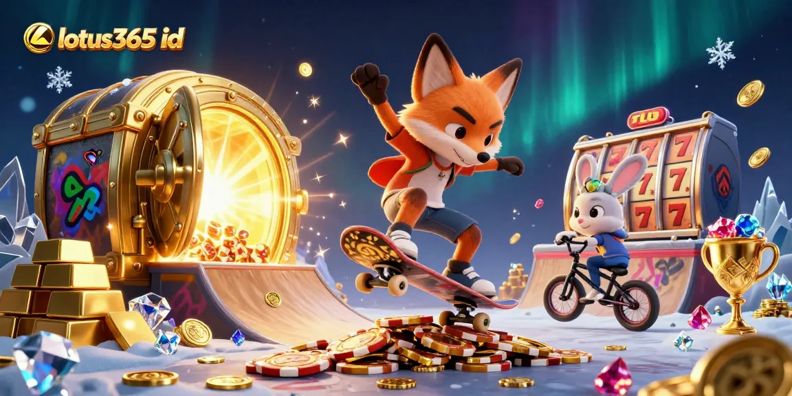 Experience dynamic gaming with the lotus365 id in a vibrant casino-themed scene featuring cartoon fox and rabbit.