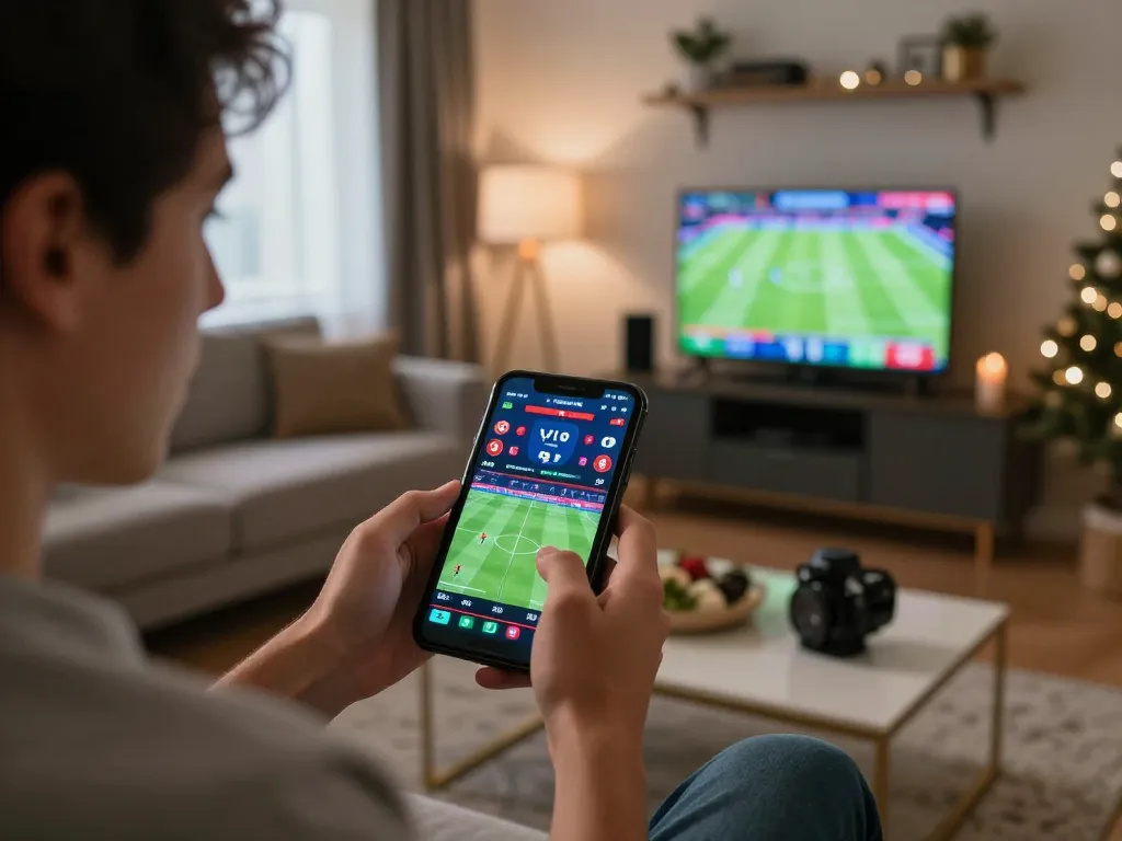 Engaging with 88vv mobile app for live sports betting in a vibrant home setting.