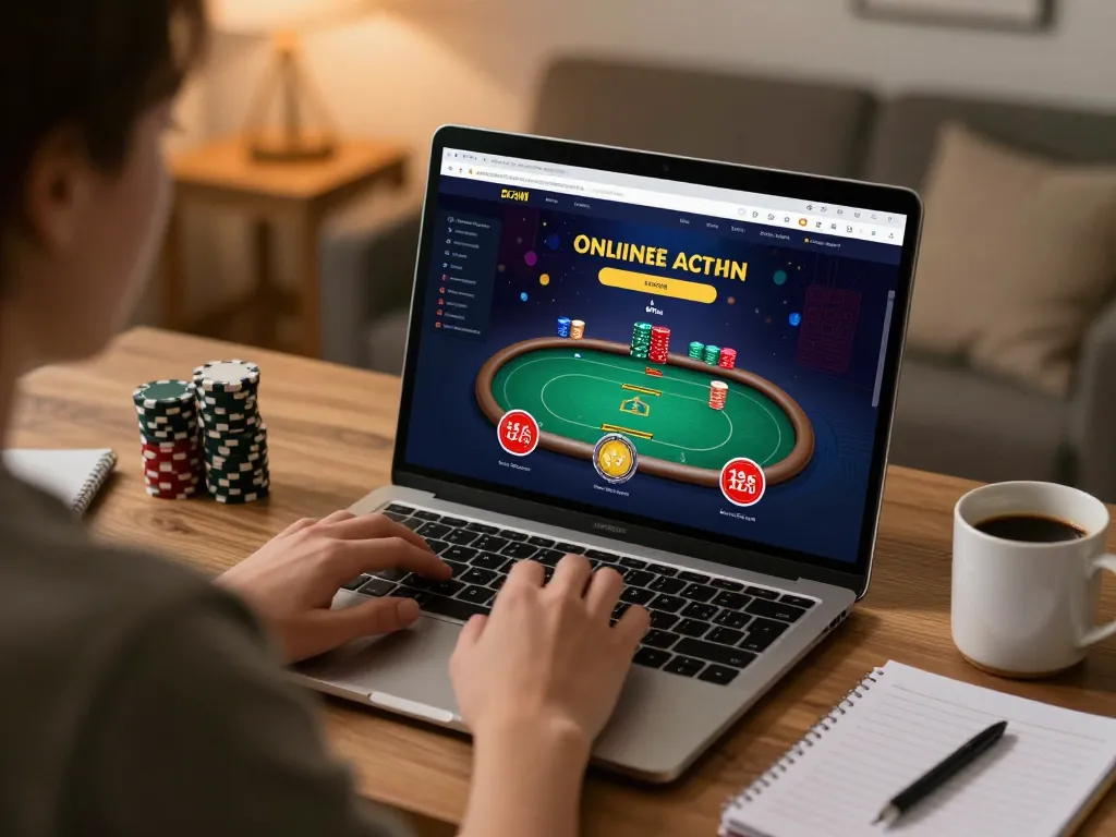 Engaging online poker gameplay at home with okfun interface showcasing strategy notes and coffee mug