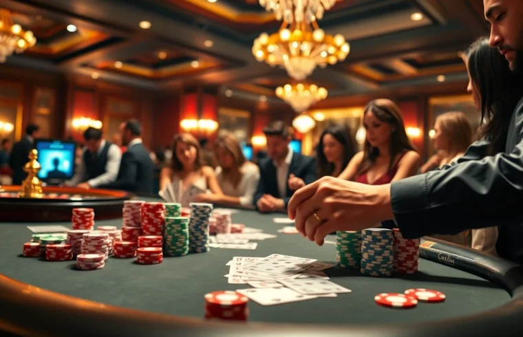 Engage in thrilling gameplay at https://go99.institute/ with colorful poker chips and cards featured in this casino scene.