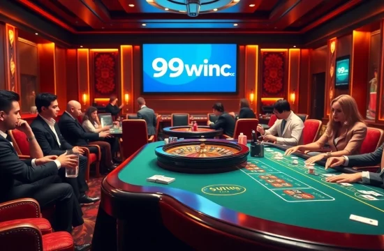 Engaging scene at a luxury casino table with players betting and 99win cc displayed prominently.