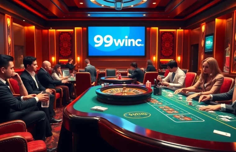 Engaging scene at a luxury casino table with players betting and 99win cc displayed prominently.