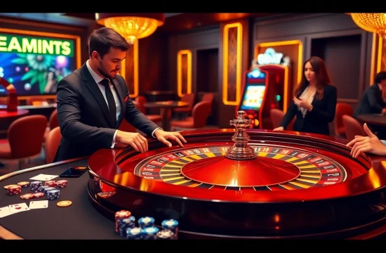 Exciting casino atmosphere at 8DAY with roulette, poker chips, and slot machines in vibrant lighting.