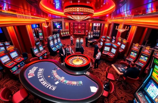 Experience the thrill of gambling at NK88 with a vibrant casino scene featuring poker tables and slot machines.